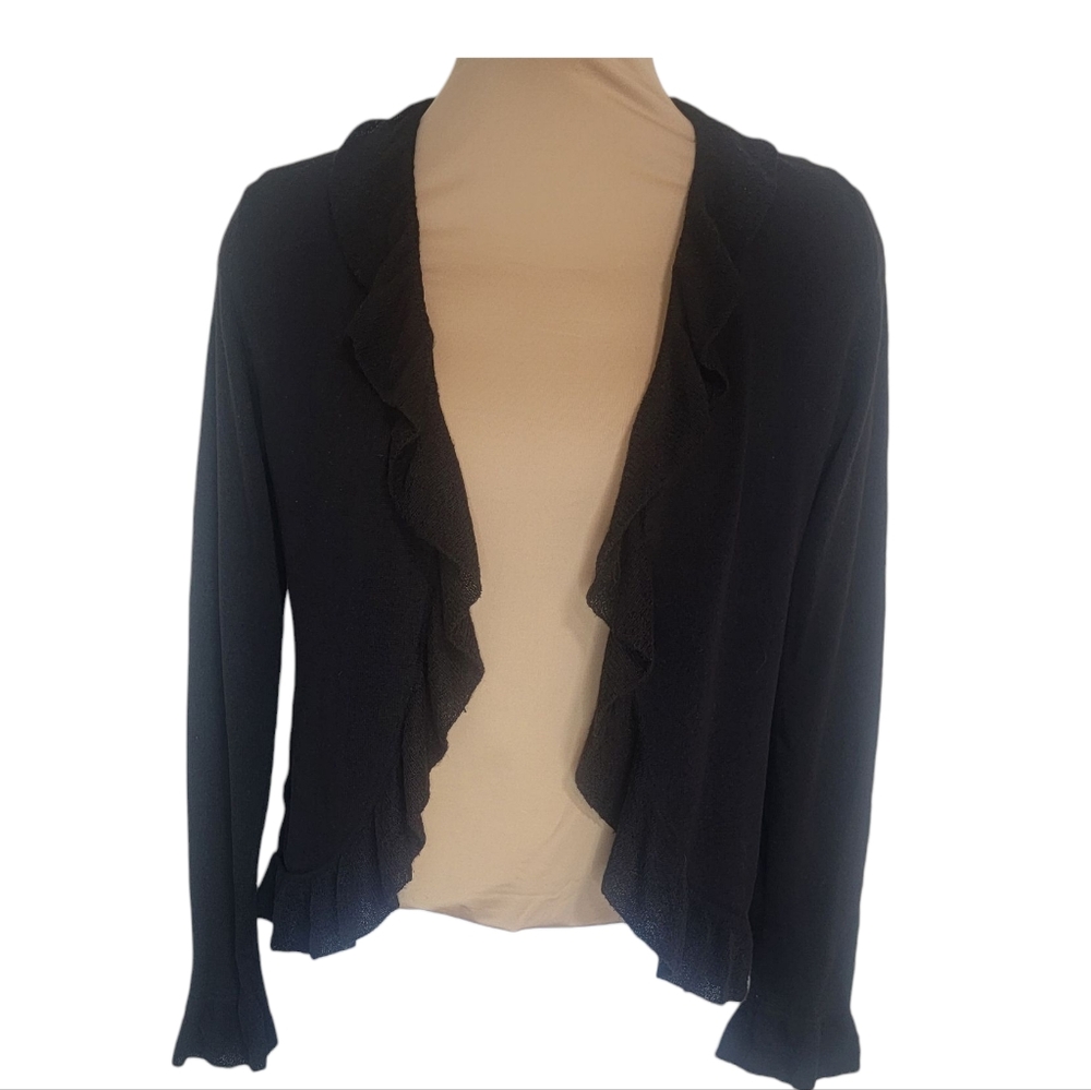 Ann Taylor Open Front Ruffle Lightweight Black Women's Sweater